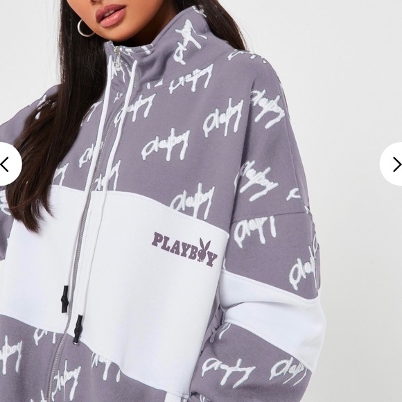 Playboy Grey Color Block Zip Through Sweatshirt - Picture 3 of 5